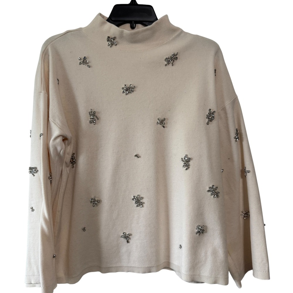 Chico's Embellished Statement Sleeve Sweater Rhinestone Cream Flare Sleeve Top